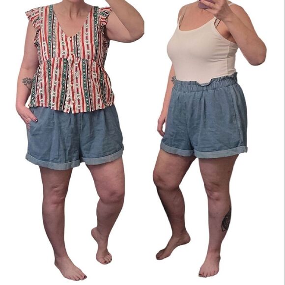 🎁 AEO High Waisted Paperbag Denim Shorts Size Large *Missing Belt - Picture 2 of 15